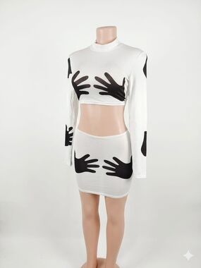 White Two-Piece Handprint Cutout Crop Top and Mini Skirt Set